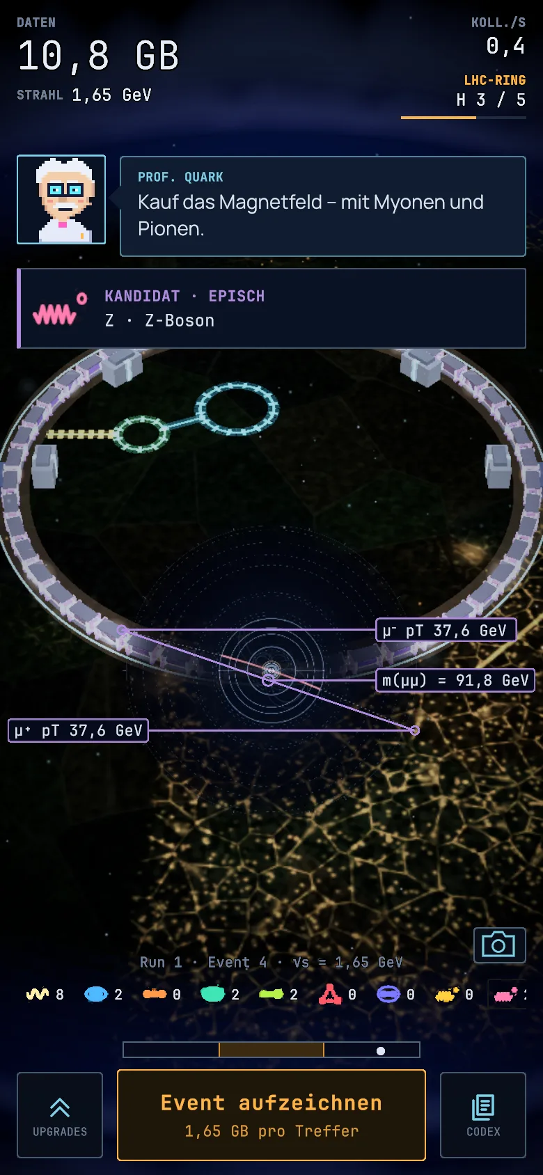 Idle-Collider-Hauptbildschirm: Detektor, Ring, Taktleiste und Aufzeichnen-Button
