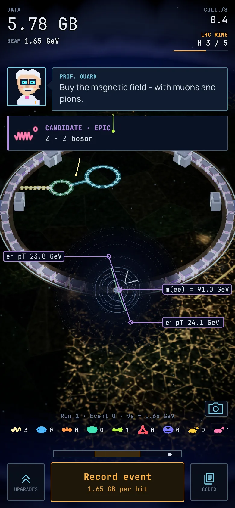 Idle Collider main screen: detector, ring, timing bar and fire button