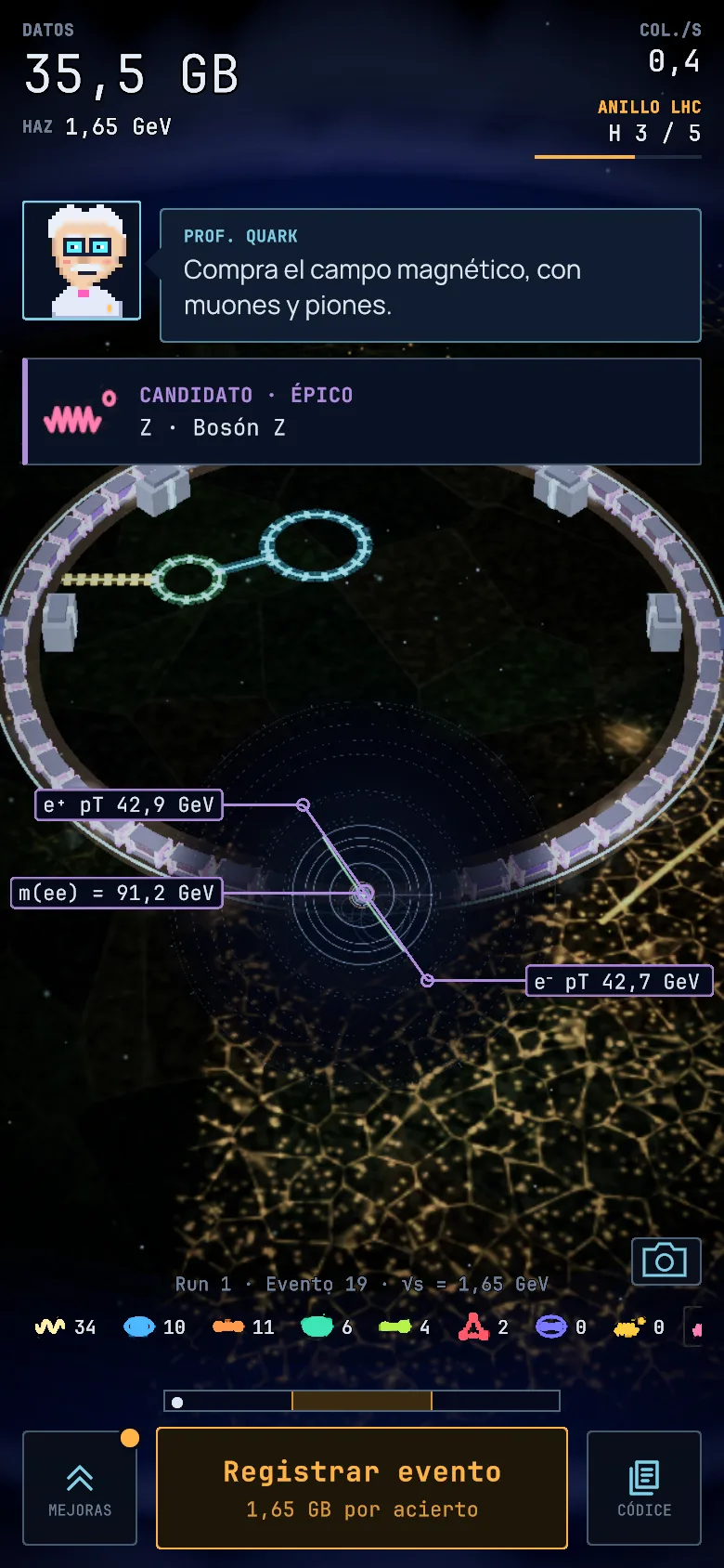 Pantalla principal de Idle Collider: detector, anillo, barra de ritmo y botón de disparo