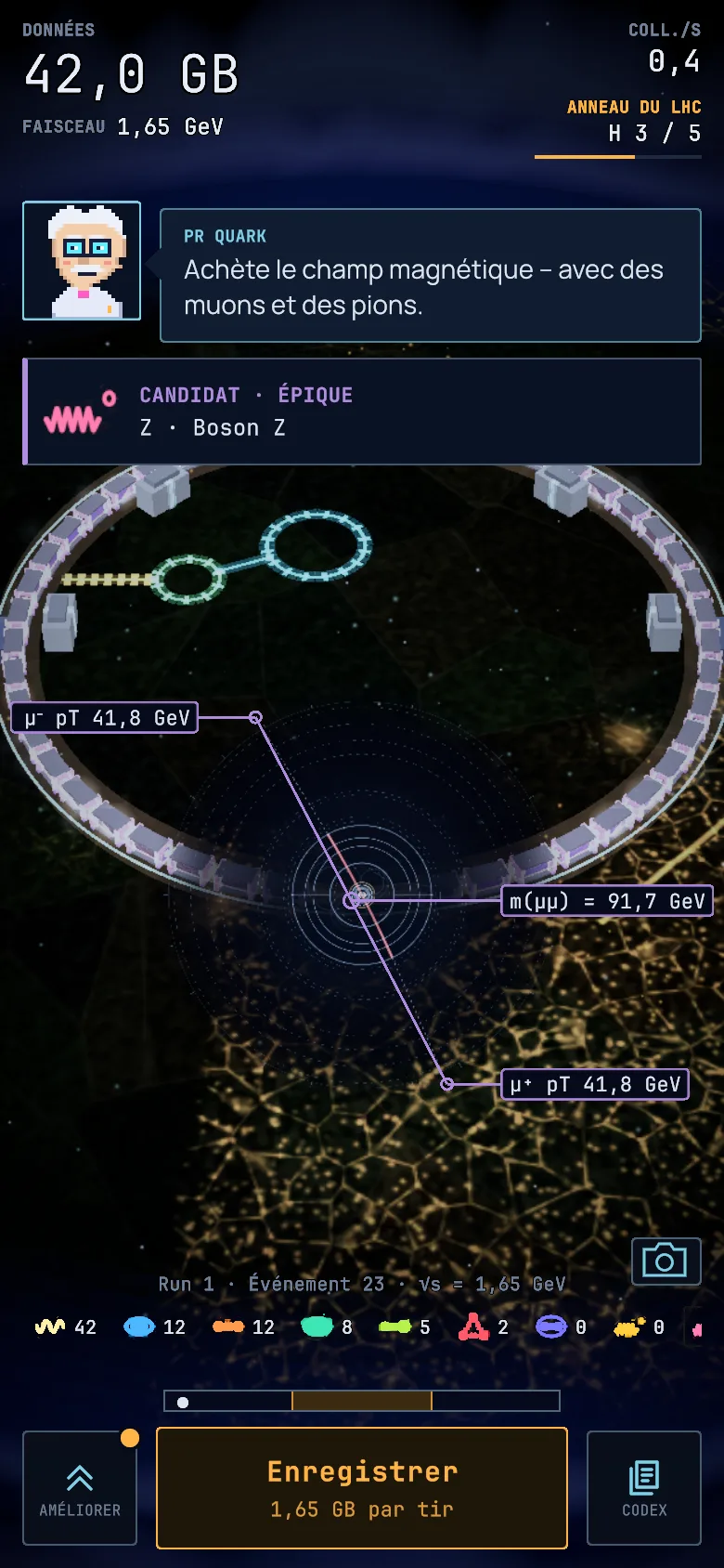 Écran principal d’Idle Collider : détecteur, anneau, barre de cadence et bouton de tir