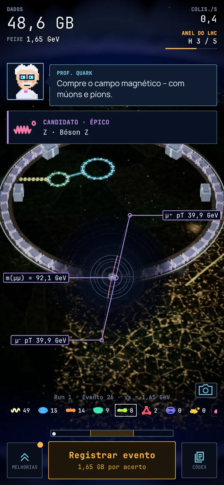 Tela principal do Idle Collider: detector, anel, barra de tempo e botão de disparo