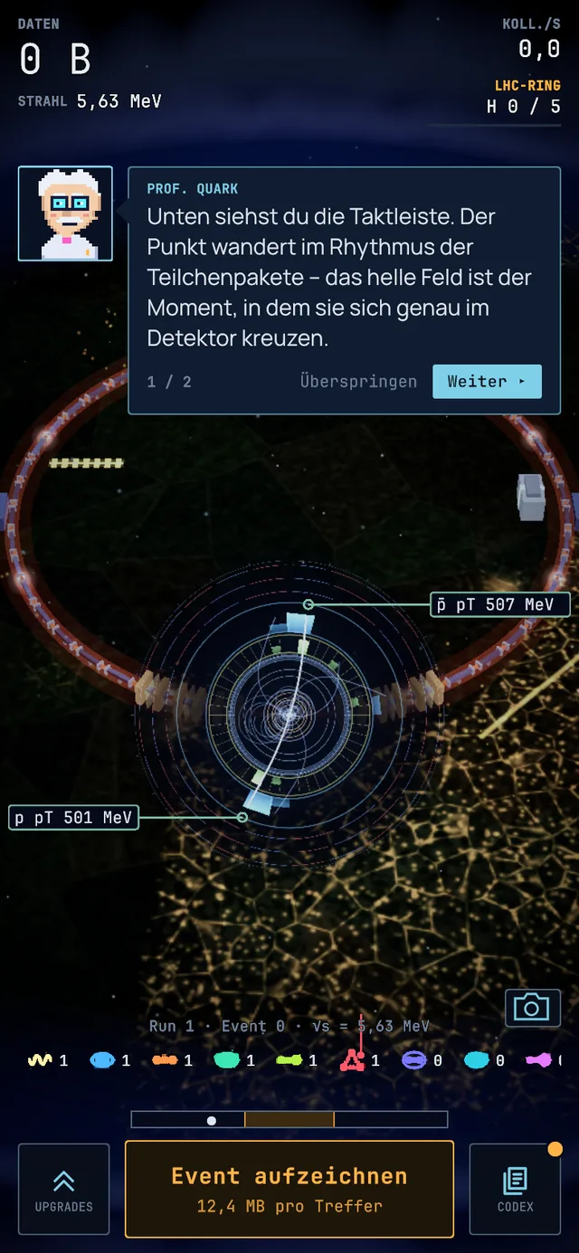 Affichage d’un événement Proton, capture d’écran du jeu.