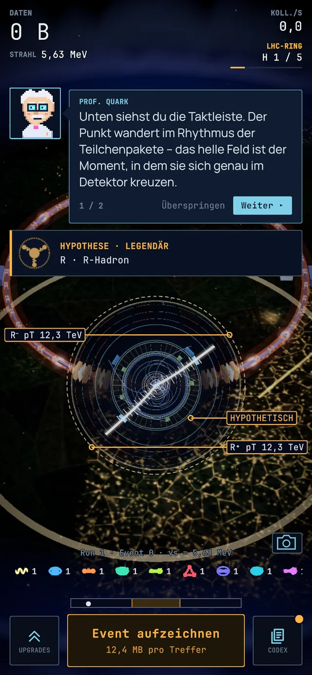Vista de un evento de R-hadrón, captura de pantalla del juego.